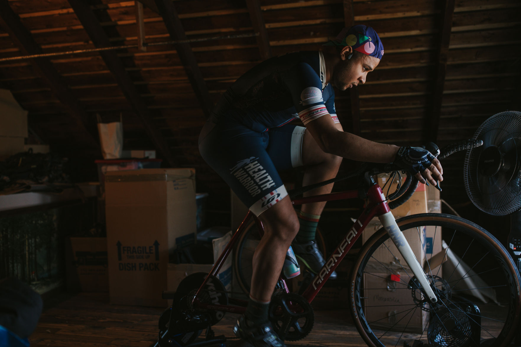 We utilize every space in our home. Greg riding his trainer in the attic.
